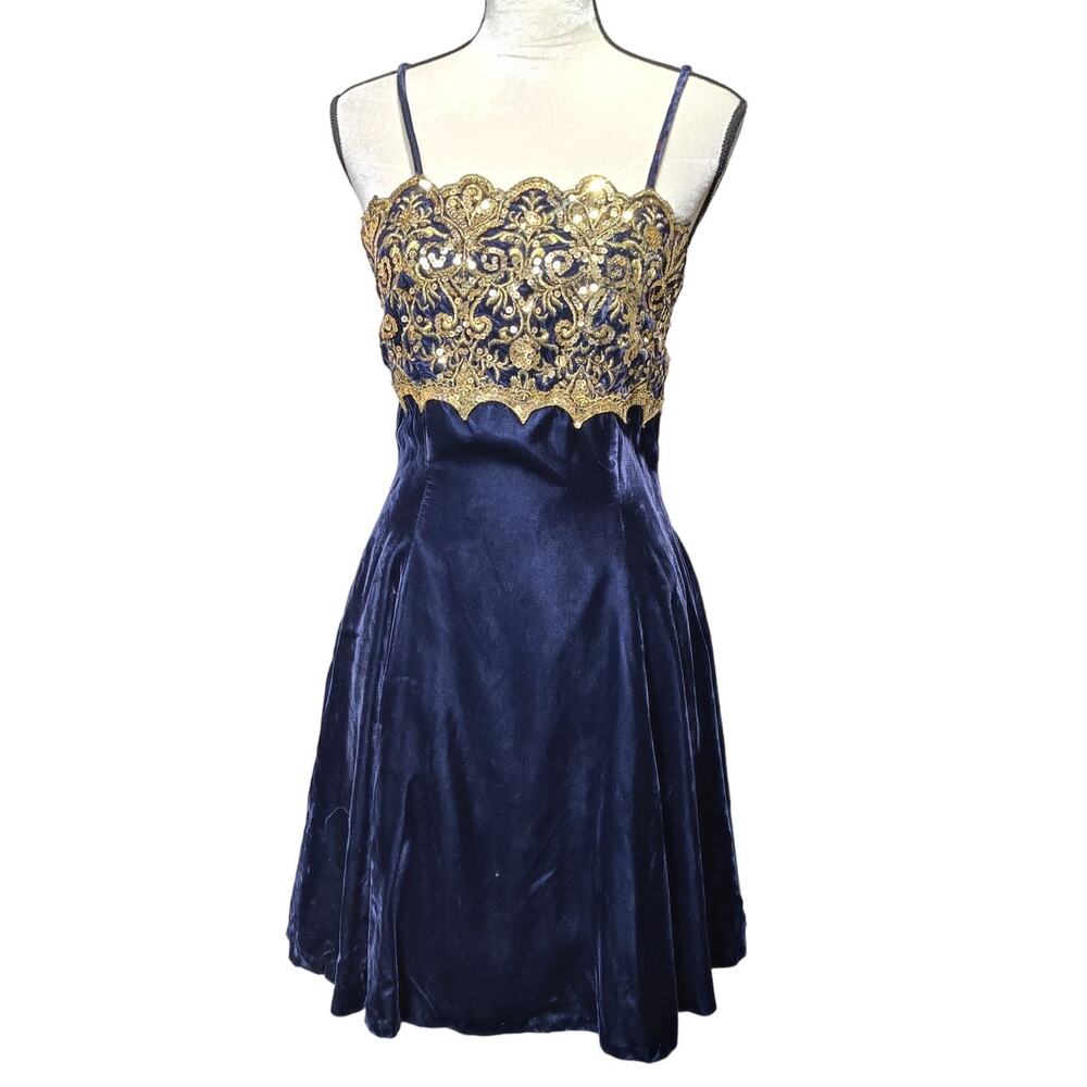 Vintage 80s Jessica McClintock Gunne Sax Sz 9/10 Navy Velvet Sequin Party Dress
